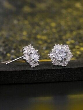 Silver Cubic Zirconia Round Cluster Halo Stud Earrings 925 Sterling Post